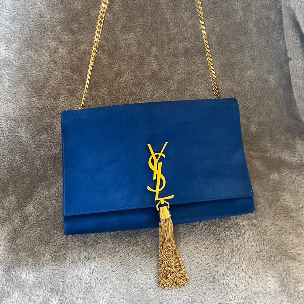 YSL Blue logo tassel crossbody handbag